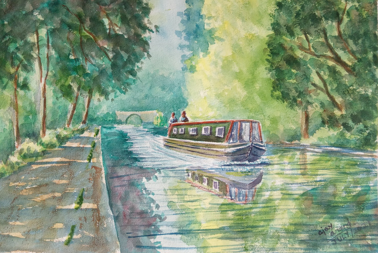 Boat on Canal in Yorkshire  (ART_8185_59385) - Handpainted Art Painting - 16in X 11in