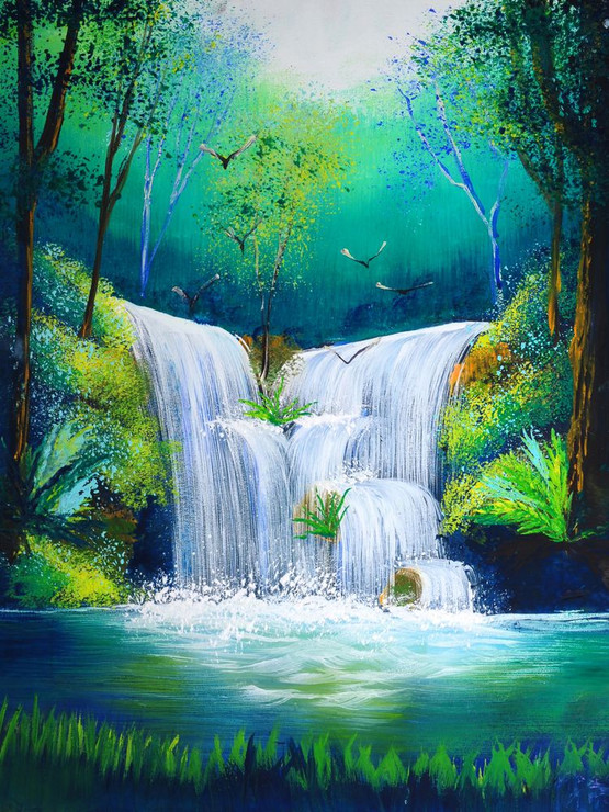 waterfall, forest, waterfall in forest, small waterfall, landscape, birds, birds near waterfall