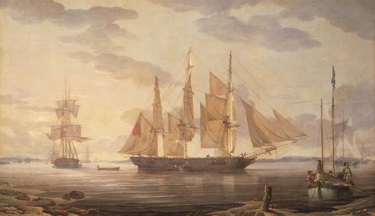 Ships In Harbor By Robert Salmon (PRT_9864) - Canvas Art Print - 30in X 17in