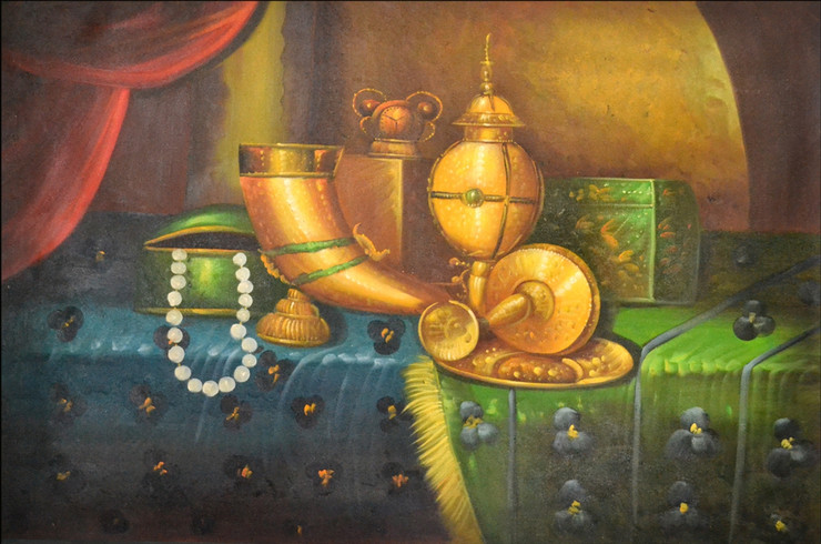 still life, vase, golden vases, golden pots, ornaments, golden ornaments, pots on table