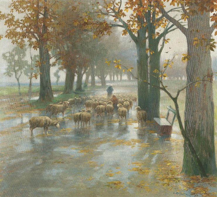 Flock Of Sheep With Shepherdess On A Rainy Day By Adolf Kaufmann (PRT_10030) - Canvas Art Print - 24in X 22in