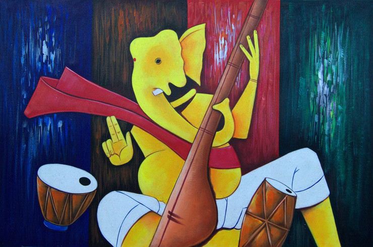 Lord Ganapati04 - 36in X 24in,RAJMER46_3624,Acrylic Colors,God,Ganesha,Vakratunda,Vinayak,Bappa,Jai Ganesh ji,Lor Ganesha with music instrument  - Buy Paintings online in India