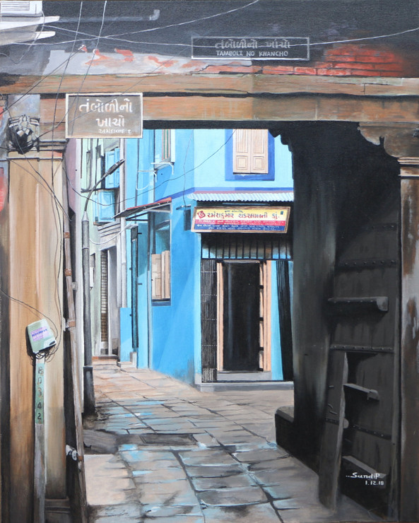 Pol gate of heritage city Ahmedabad (ART_8255_59794) - Handpainted Art Painting - 30in X 24in