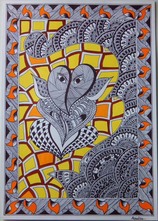 Omkara (Madhubani Ganesh) (ART_7864_56155) - Handpainted Art Painting - 11in X 16in