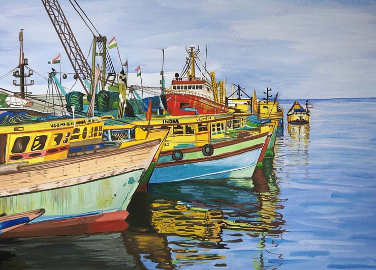 Vizag harbour (ART_329_60030) - Handpainted Art Painting - 11in X 7in