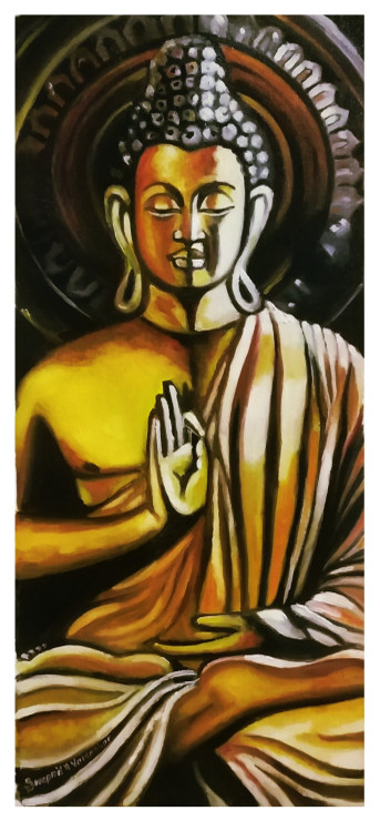 Buddha (ART_8263_59942) - Handpainted Art Painting - 12in X 28in