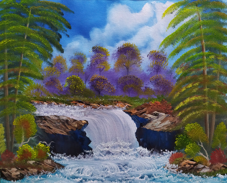 Surrounding Waterfall (ART_7871_53944) - Handpainted Art Painting - 24in X 20in