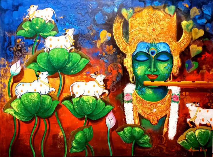 Devotion of krishna #11 (ART_82_60185) - Handpainted Art Painting - 42in X 32in