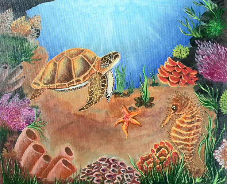 'Magic Under The Waves-Coral Reefs' (ART_8271_60139) - Handpainted Art Painting - 12in X 10in
