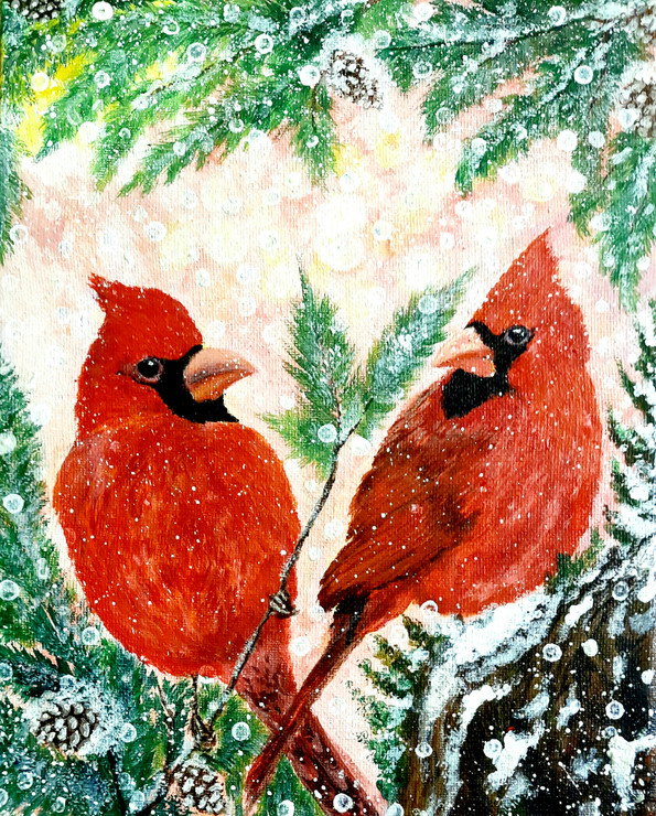'The Burst Of Colours- Red Cardinals In Winter' (ART_8271_60152) - Handpainted Art Painting - 8in X 10in
