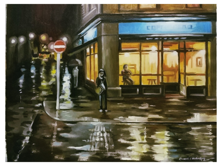 Monsoon evening street  (ART_8263_60123) - Handpainted Art Painting - 22in X 29in