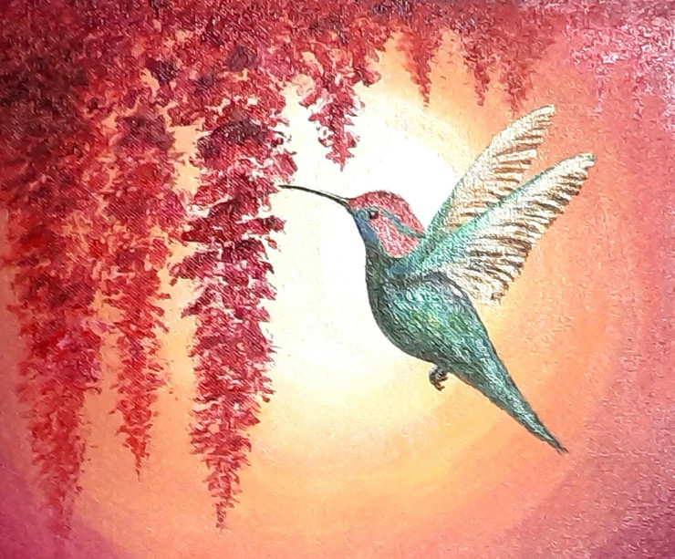 'The Golden Dawn - Hummingbird In Action' (ART_8271_60090) - Handpainted Art Painting - 11in X 9in