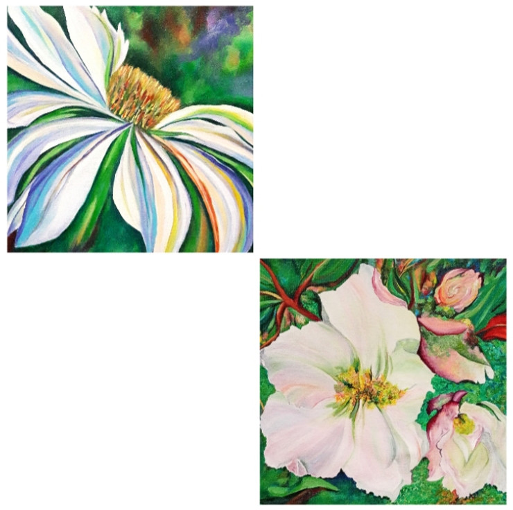 Single white flower ; family of white flowers (combo of 2) (ART_8034_58613) - Handpainted Art Painting - 20in X 10in