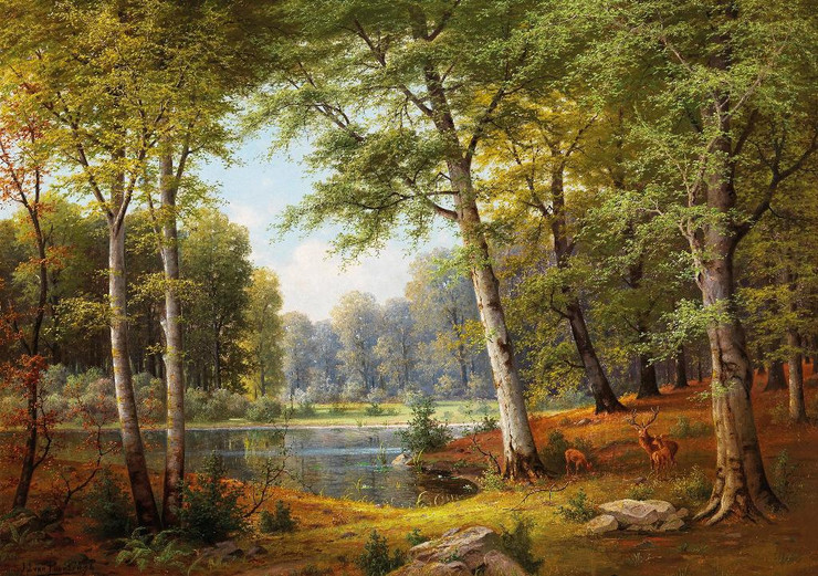 Rotwild Am Waldteich (1894) By Jacobus Johannes Van Poorten (PRT_10339) - Canvas Art Print - 28in X 20in