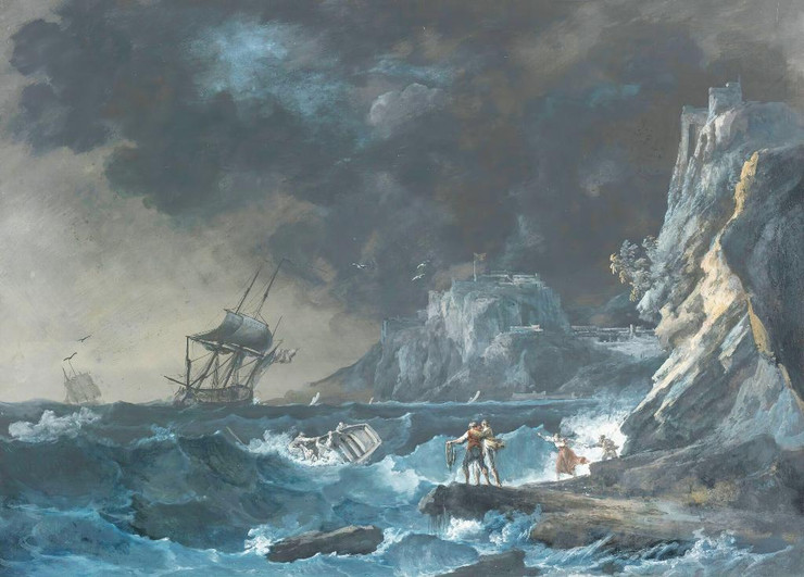 Ships On A Stormy Sea, With Figures On The Shore By Alexandre Jean No√´l (PRT_10378) - Canvas Art Print - 26in X 18in