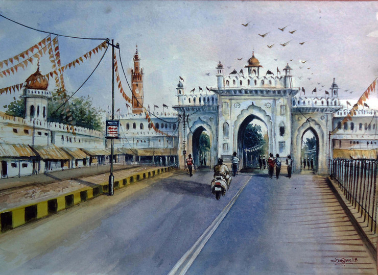 LUCKNOW MONUMENT (ART_8291_60469) - Handpainted Art Painting - 15in X 11in