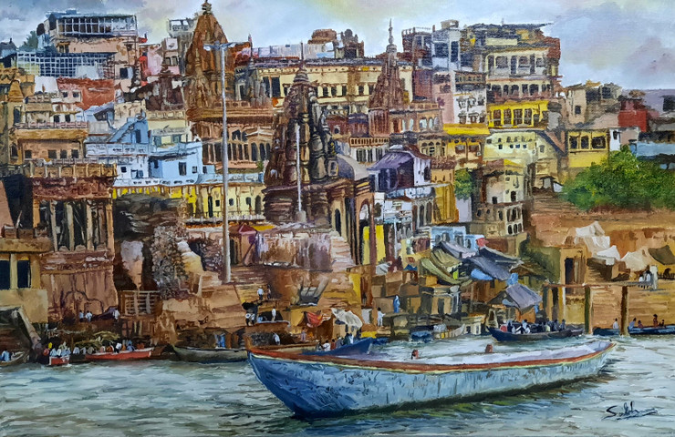 Varanasi Ghat (ART_7455_60515) - Handpainted Art Painting - 18in X 12in