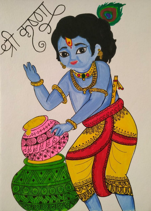 Little Krishna The Cute and Lovely Little Makhanchor (ART_8016_60374) - Handpainted Art Painting - 5in X 8in