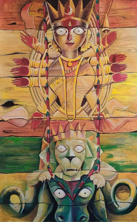 Devi Durga (ART_7830_60423) - Handpainted Art Painting - 14in X 22in