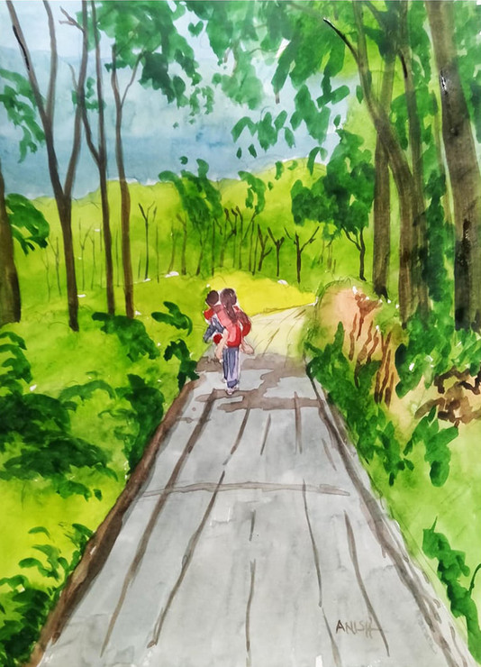 Rubber Plantation Road (ART_8273_60434) - Handpainted Art Painting - 10in X 14in