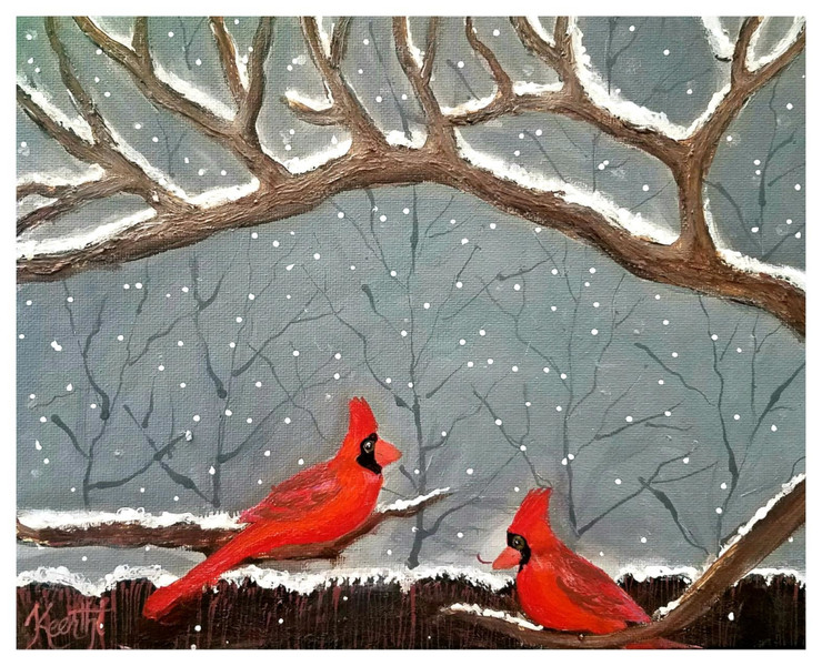 Cardinals in winter (ART_161_60610) - Handpainted Art Painting - 8in X 10in