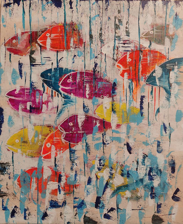 A fishy affair (ART_7235_60565) - Handpainted Art Painting - 16in X 24in