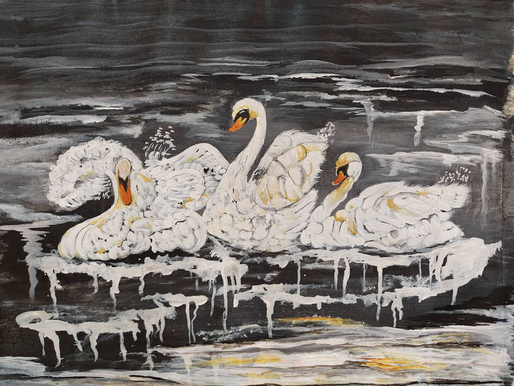 Swans in ponds- Black and white (ART_7235_60439) - Handpainted Art Painting - 22in X 17in
