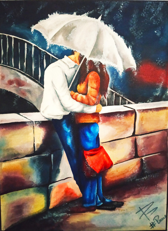 Love in the rain (ART_6518_37431) - Handpainted Art Painting - 18in X 24in