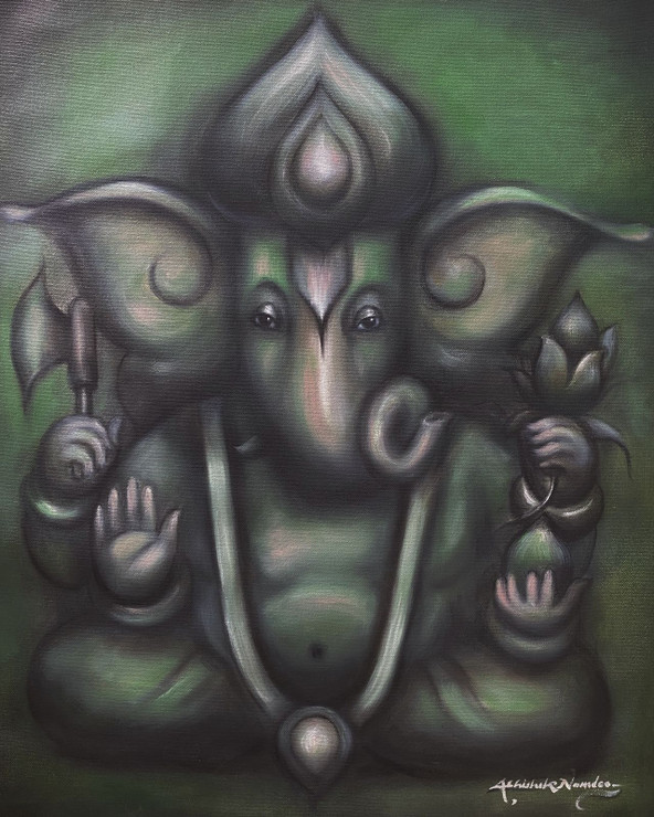 Ganesha (ART_3512_60758) - Handpainted Art Painting - 18in X 20in