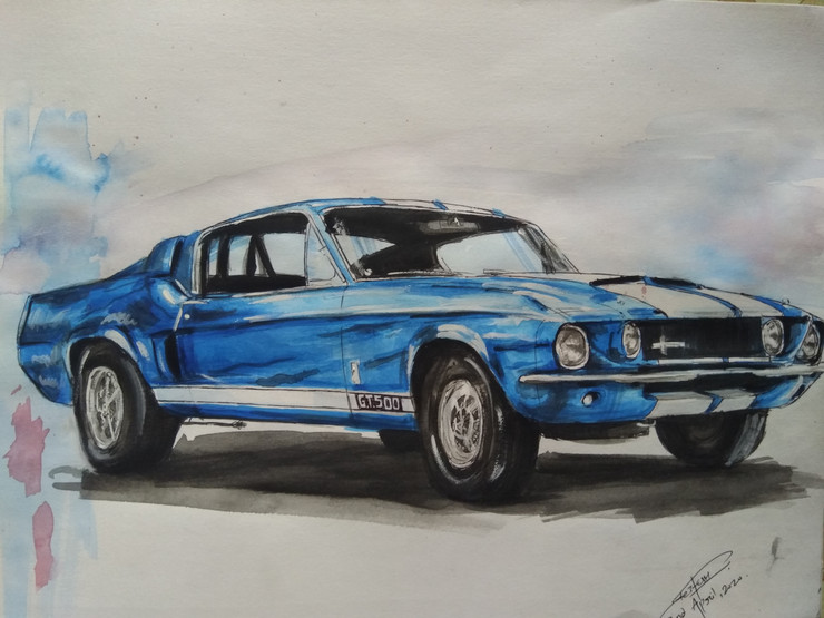 The Mustang - painting of a muscle car (ART_8307_60720) - Handpainted Art Painting - 12in X 9in