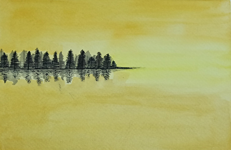 The Dawn at Lake (ART_7696_60654) - Handpainted Art Painting - 5in X 7in