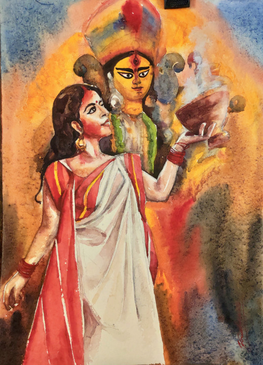 Ma Durga with Dhunuchi  (ART_8303_60651) - Handpainted Art Painting - 11in X 15in