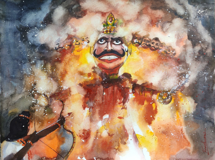 Dussehra festival Indian culture (ART_8303_60645) - Handpainted Art Painting - 14in X 11in