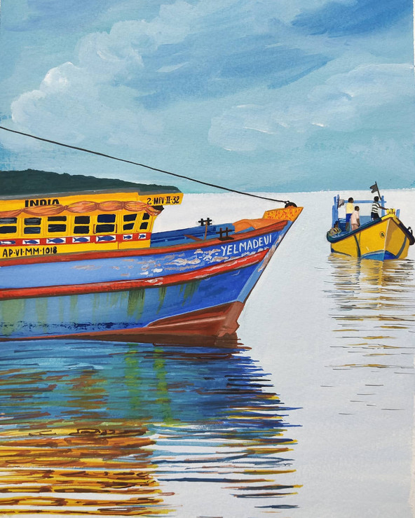 Vizag harbour (ART_329_60901) - Handpainted Art Painting - 8in X 11in