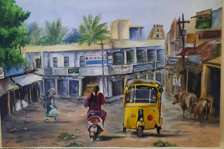 Chennai Street (ART_7455_60778) - Handpainted Art Painting - 12in X 9in