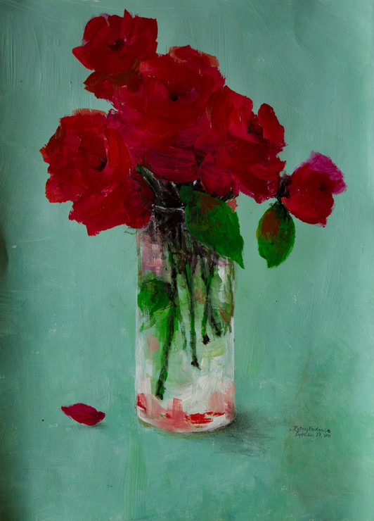 Glass of Red Roses (ART_8331_61073) - Handpainted Art Painting - 11in X 14in