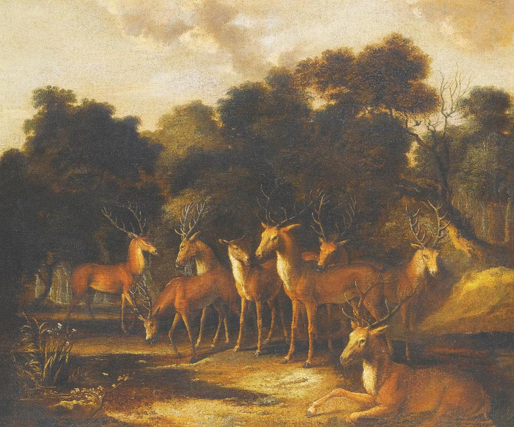 Deer Standing In A Clearing At A Waterhole (early 18th Century) By French School (PRT_10689) - Canvas Art Print - 23in X 19in