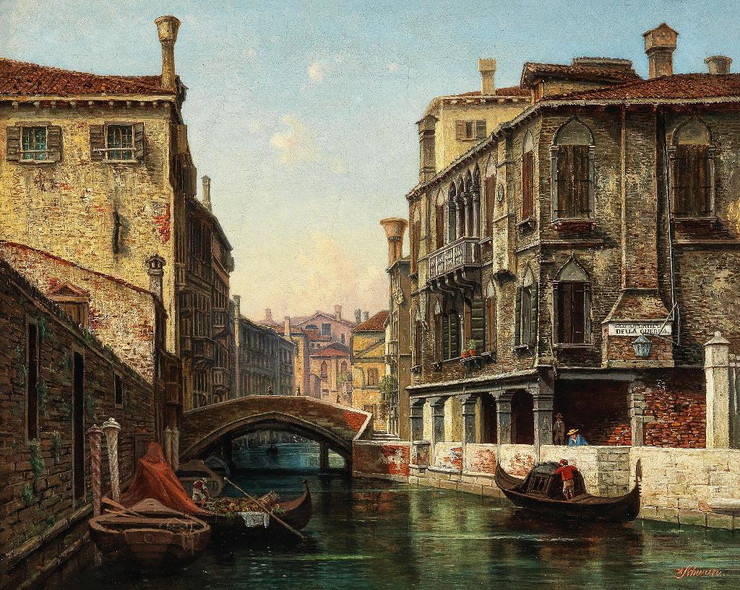 Venice, A View Of The Canal Sottoportico Della Quercia By Hermann Oskar Schwan (PRT_10727) - Canvas Art Print - 22in X 18in