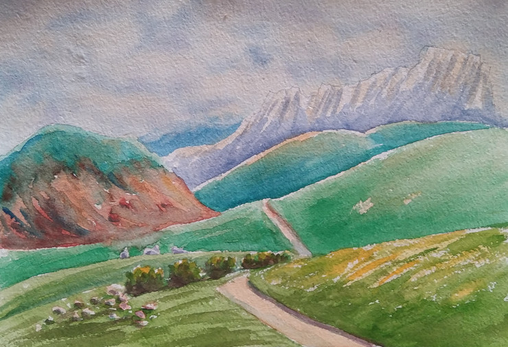 Green Hills and Winding Path  (ART_8185_61253) - Handpainted Art Painting - 10in X 7in