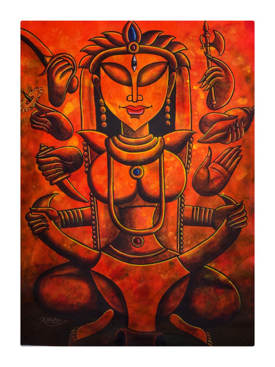 Durga-2 (ART_1230_61193) - Handpainted Art Painting - 32in X 44in
