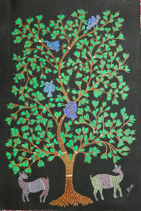 ANCIENT GOND ARTS ON HANDMADE PAPERS (ART_2050_61182) - Handpainted Art Painting - 22in X 15in