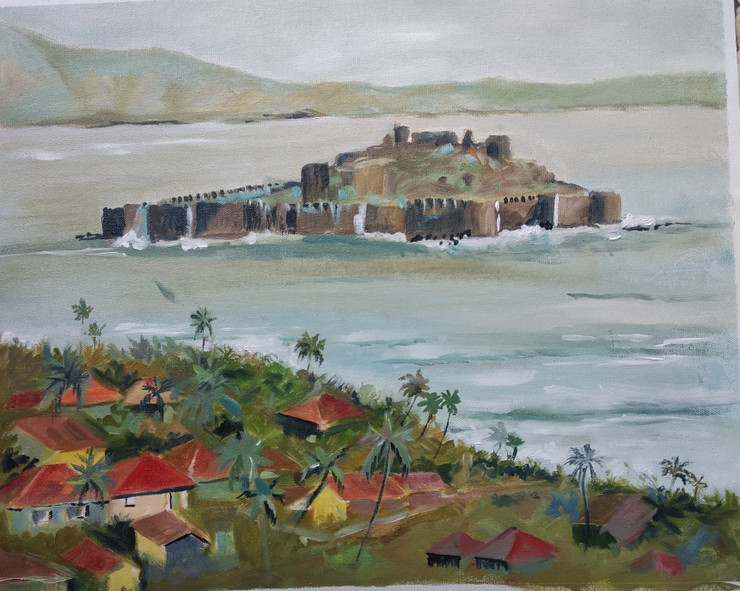 Janjira Fort (ART_8343_61403) - Handpainted Art Painting - 20in X 16in