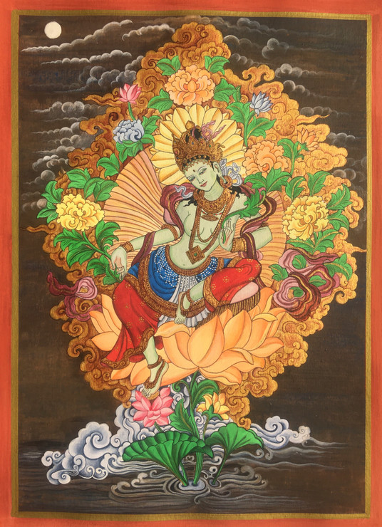 Green Tara (ART_8325_61307) - Handpainted Art Painting - 10in X 12in
