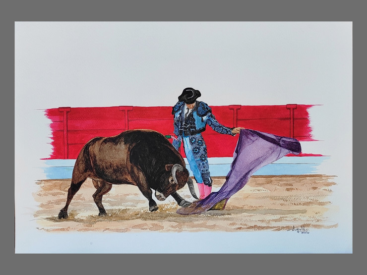 Bull fighting (ART_4354_61458) - Handpainted Art Painting - 16in X 11in