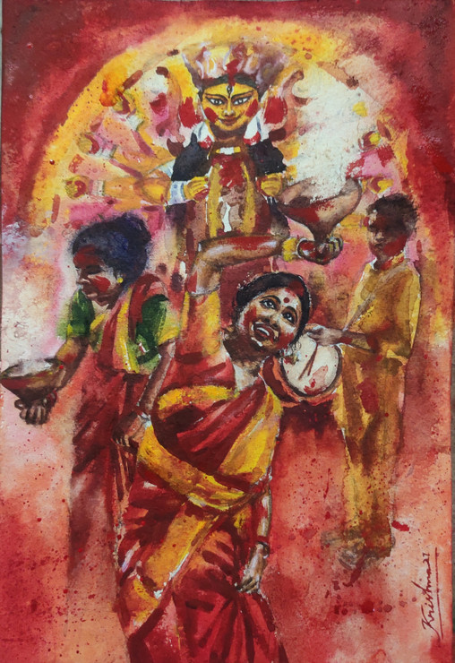 Durga Puja Festival Kolkata (ART_8303_61453) - Handpainted Art Painting - 5in X 7in