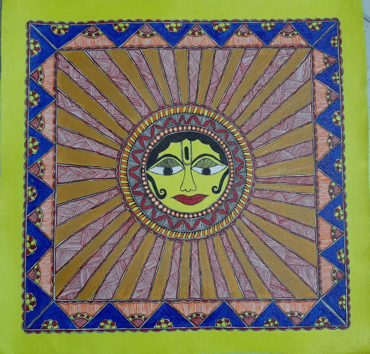 THE COOL SUN MADHUBANI PAINTING (ART_8297_61495) - Handpainted Art Painting - 14in X 14in