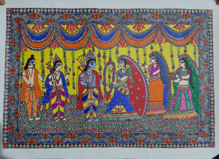 LORD RAM SITA  JAYMALA MADHUBANI PAINTING (ART_8297_61494) - Handpainted Art Painting - 22in X 15in