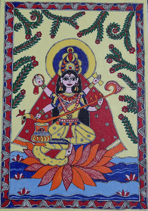 MAA SARASWATI MADHUBANI/MITILA PAINTING (ART_8297_61490) - Handpainted Art Painting - 8in X 12in