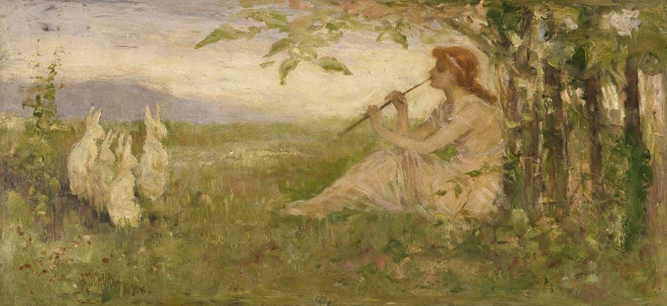 Girl With Rabbits (1886) By Frederick Stuart Church (PRT_10823) - Canvas Art Print - 30in X 14in