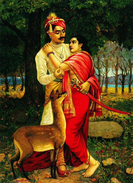 King Dushyanta Proposing Marriage With A Ring To Shakuntala By Raja Ravi Varma (PRT_10871) - Canvas Art Print - 15in X 21in